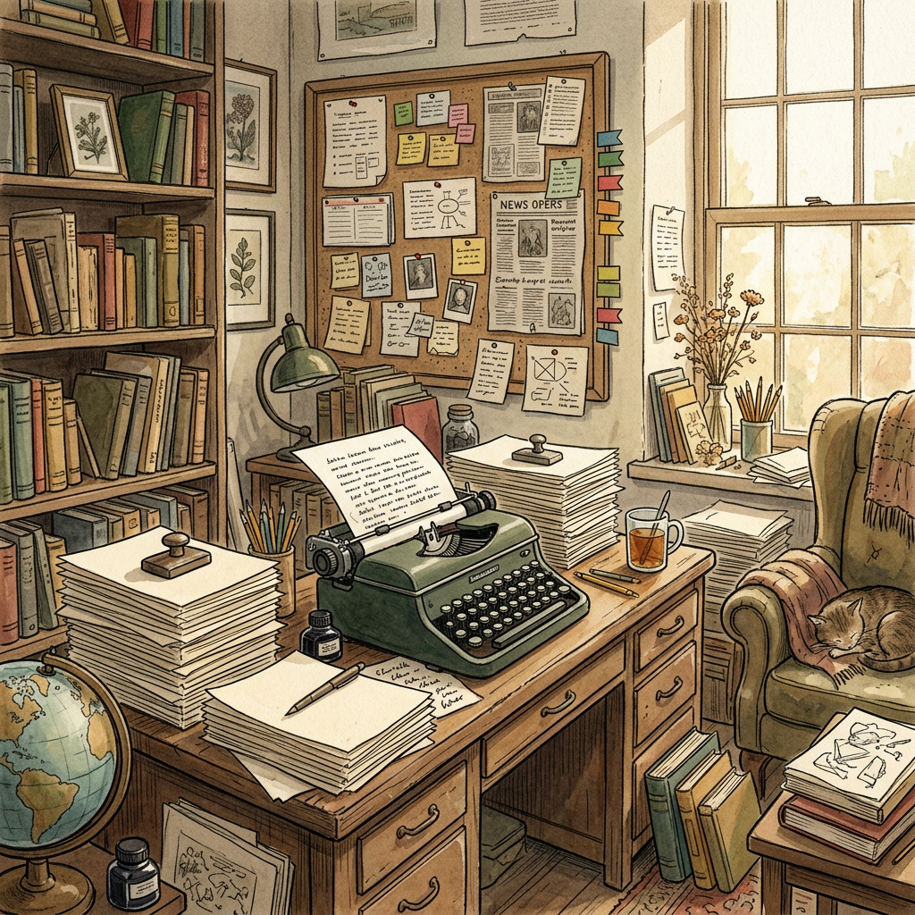Cozy study with typewriter, books, papers, bulletin board, and sleeping cat